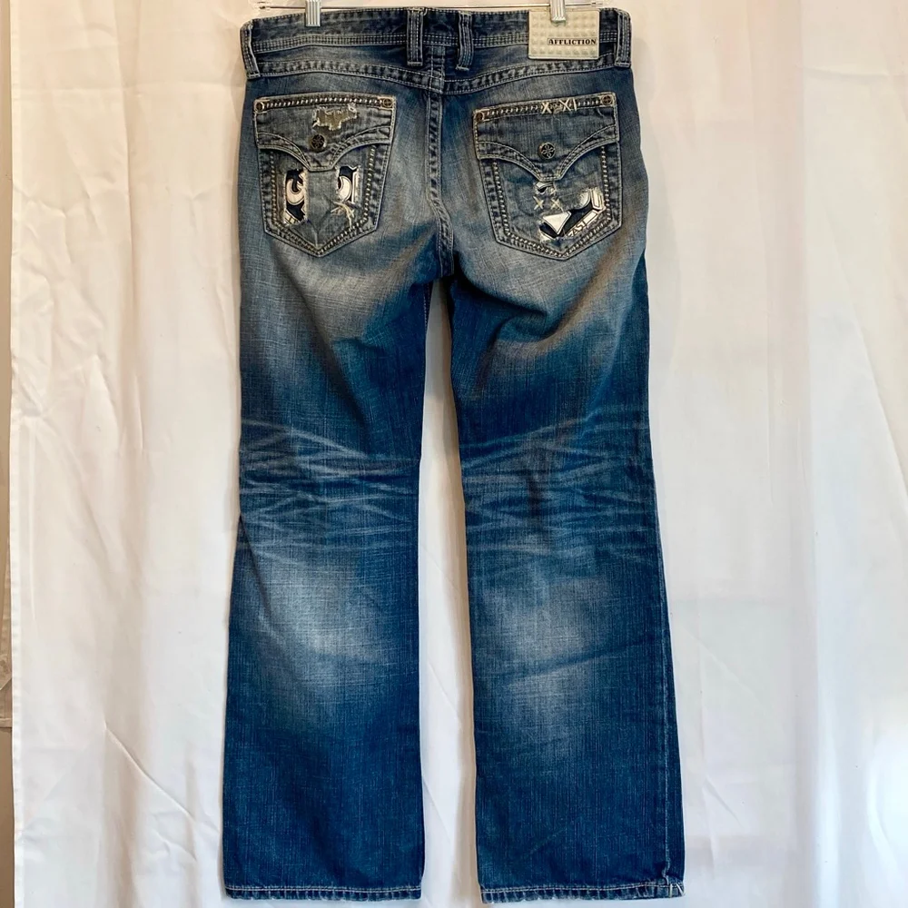 Men's Affliction Blue Distressed Bootcut Jeans w/White Stitching Detail Waist 34